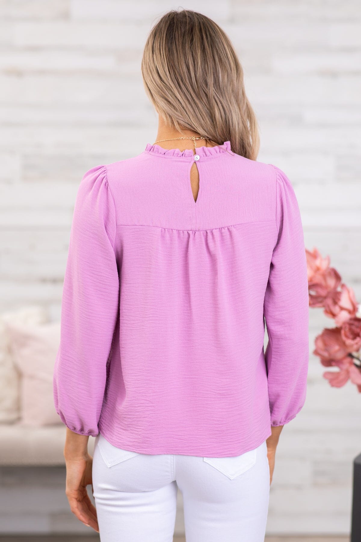 Orchid Ruffle Trim Long Sleeve Top - Filly Flair