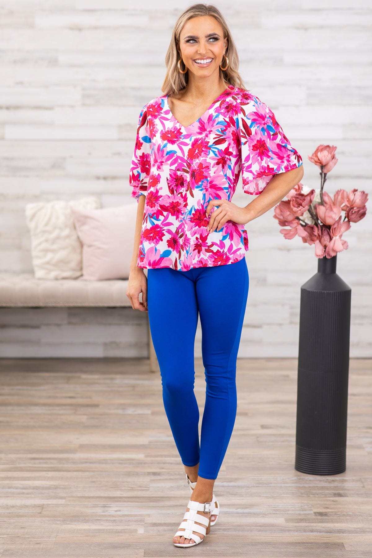 Pink Multicolor Floral Bell Sleeve V-Neck Top - Filly Flair