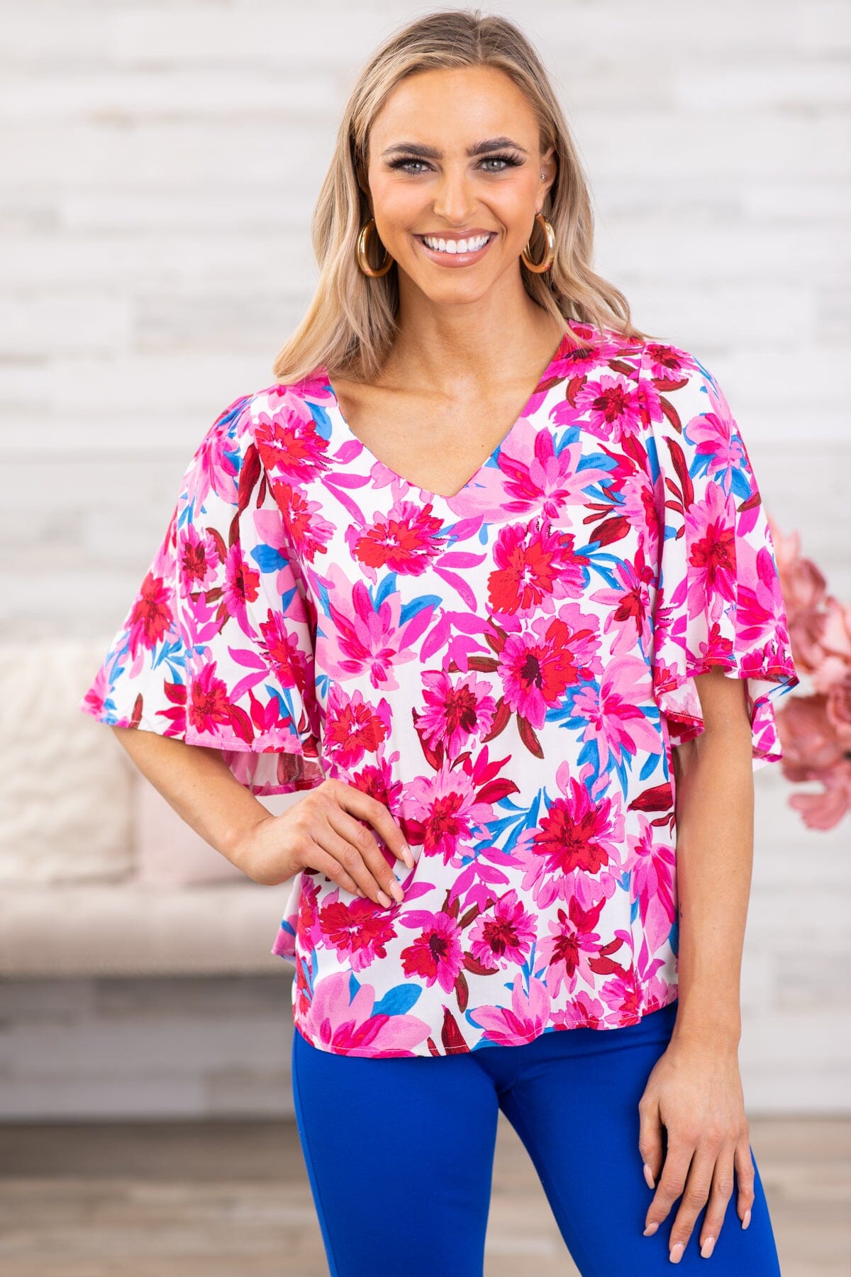 Pink Multicolor Floral Bell Sleeve V-Neck Top - Filly Flair