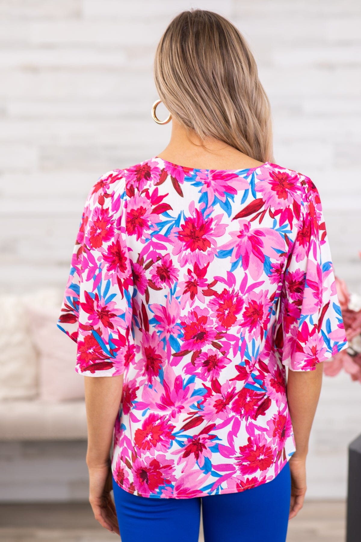 Pink Multicolor Floral Bell Sleeve V-Neck Top - Filly Flair