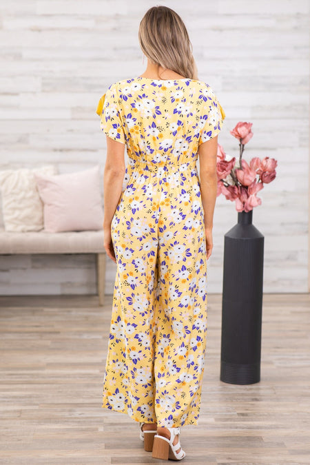 Yellow Floral Flutter Sleeve Jumpsuit - Filly Flair