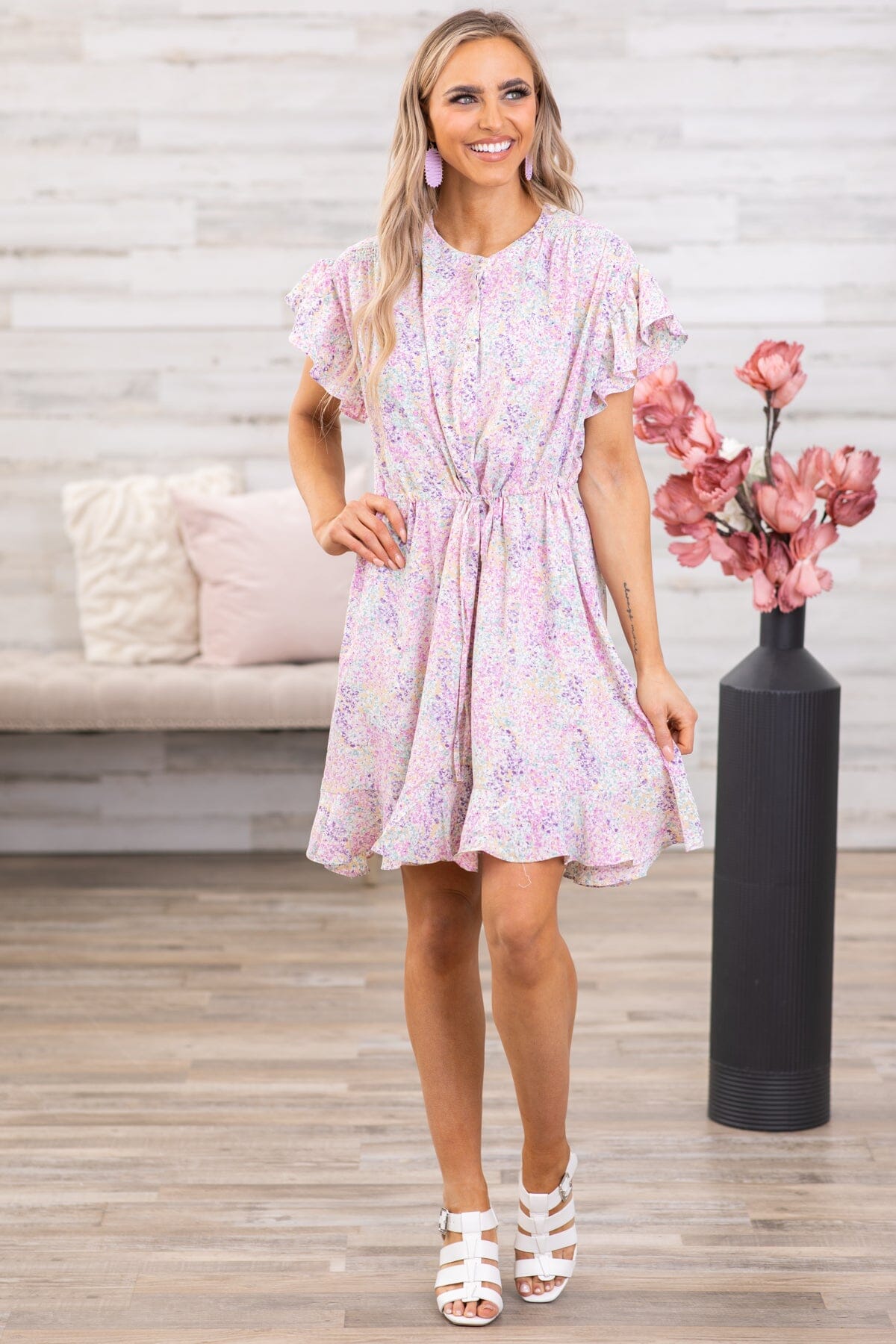 Pink and Lavender Floral Flutter Sleeve Dress · Filly Flair
