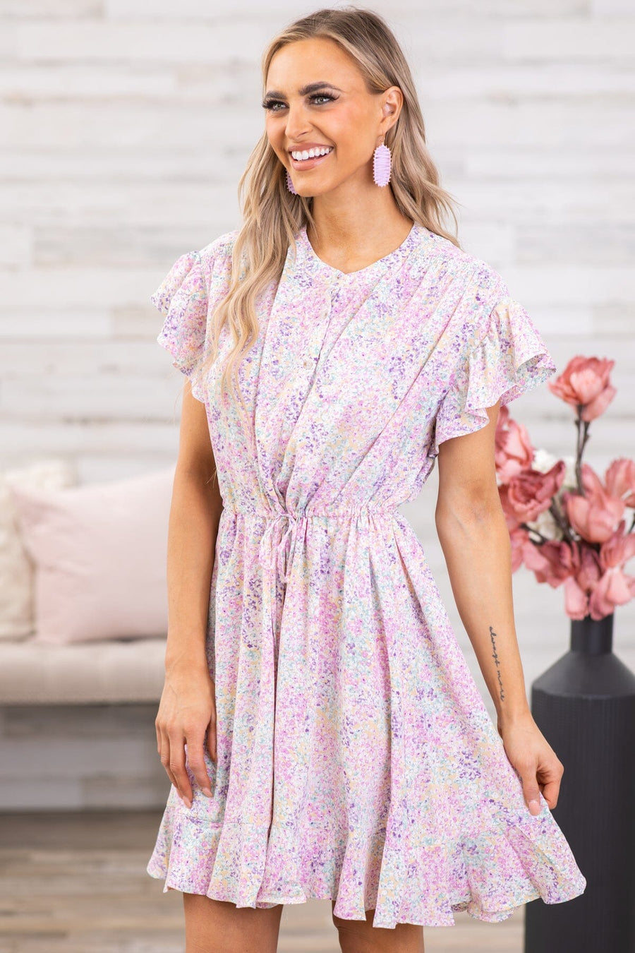 Pink and Lavender Floral Flutter Sleeve Dress - Filly Flair