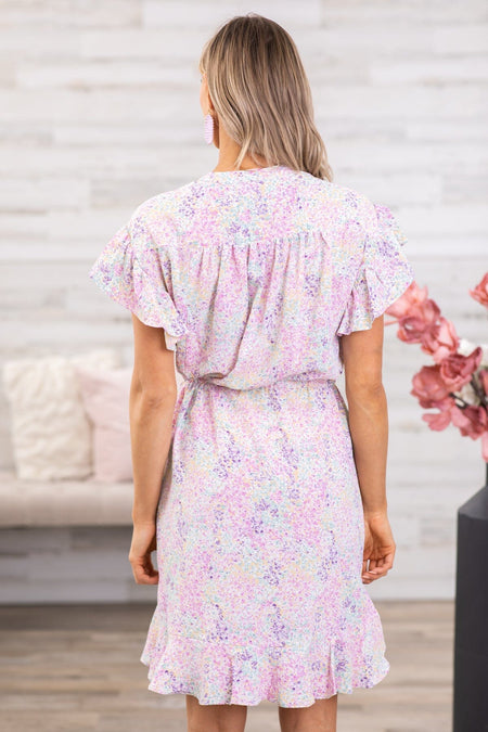 Pink and Lavender Floral Flutter Sleeve Dress - Filly Flair