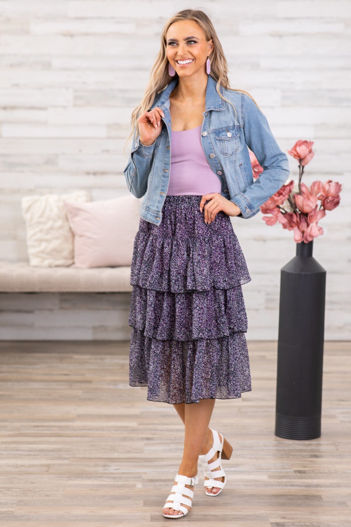 Purple and Blue Floral Tiered Midi Skirt Filly Flair