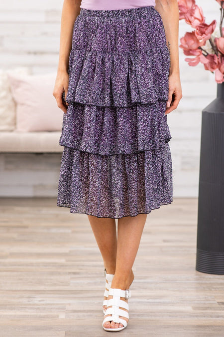 Purple and Blue Floral Tiered Midi Skirt - Filly Flair