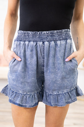 Medium Wash Bleached Smocked Waist Shorts - Filly Flair