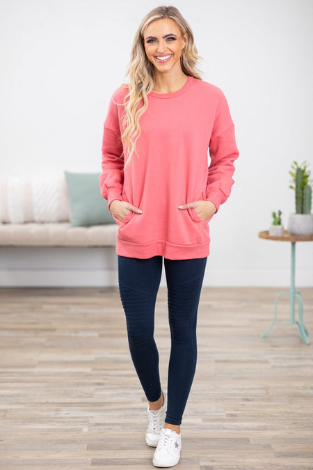 Pink Crew Neck Sweatshirt With Pockets - Filly Flair