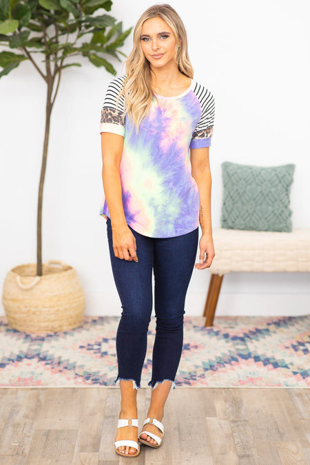 Hear Me Roar Tie Dye Color Block Short Sleeve Top in Purple - Filly Flair