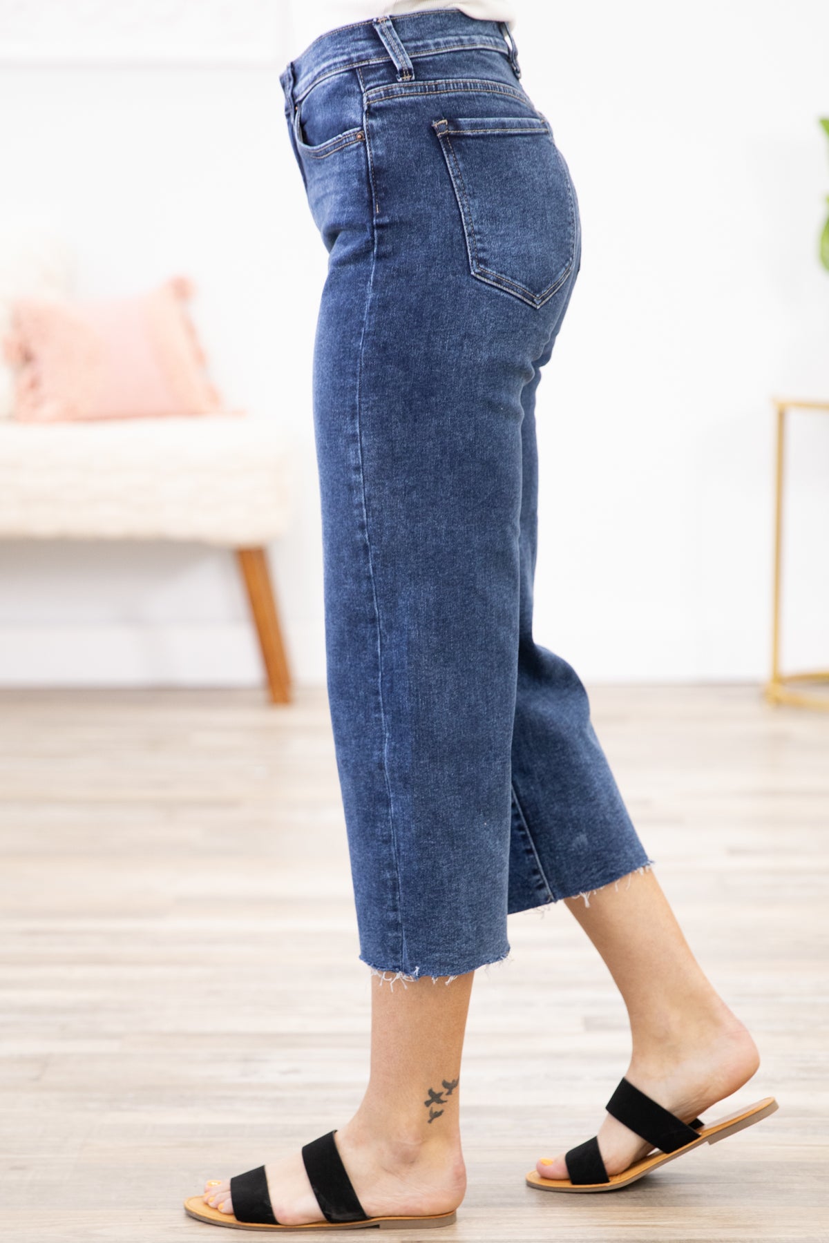 Dark Wash Raw Hem Cropped Jeans - Filly Flair