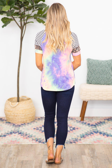 Hear Me Roar Tie Dye Color Block Short Sleeve Top in Purple - Filly Flair