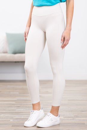 Beige High Waist Wide Waistband Leggings - Filly Flair