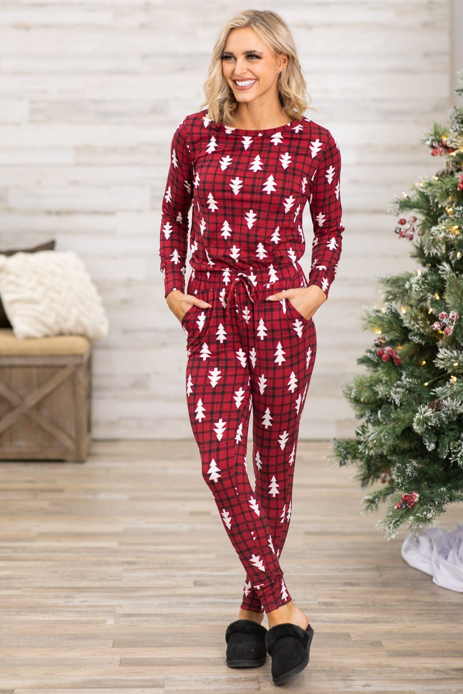 Red and White Plaid Tree Print Lounge Set - Filly Flair