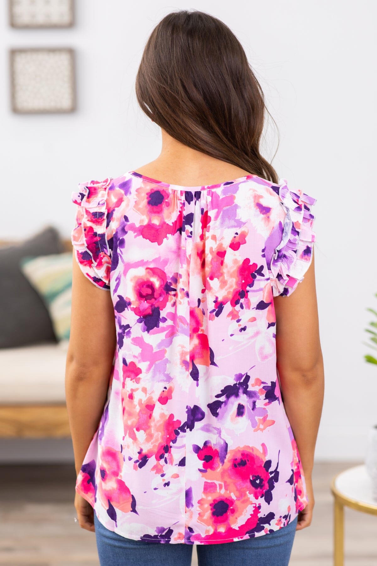 Purple and Pink Floral Ruffle Trim Top - Filly Flair