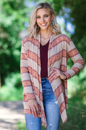 Orange and Beige Aztec Stripe Cardigan - Filly Flair