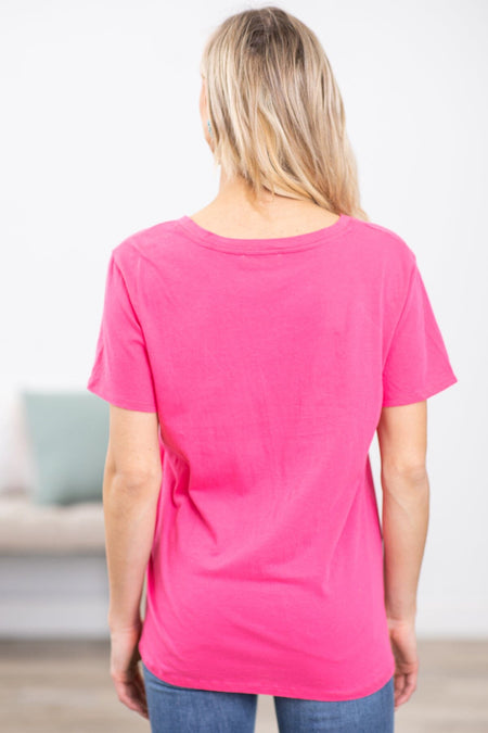 Hot Pink V-Neck Boyfriend Fit Tee - Filly Flair