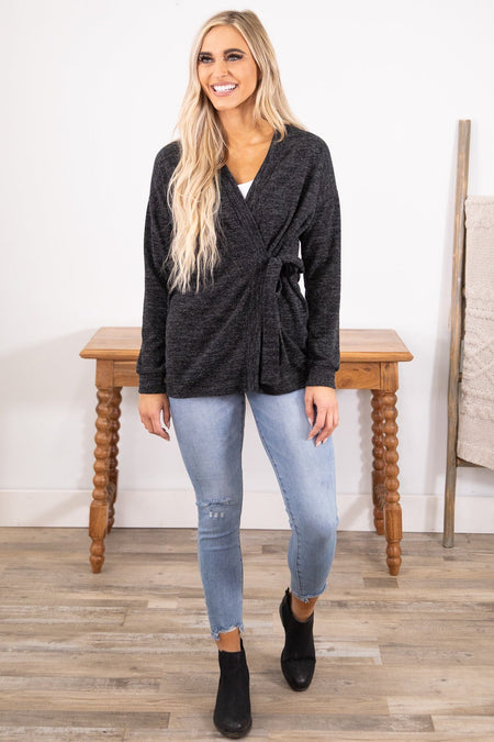 Charcoal Side Tie Cardigan - Filly Flair