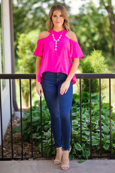 Hot Pink Flutter Sleeve Cold Shoulder Top - Filly Flair