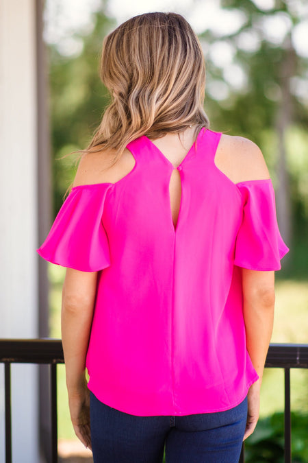 Hot Pink Flutter Sleeve Cold Shoulder Top - Filly Flair