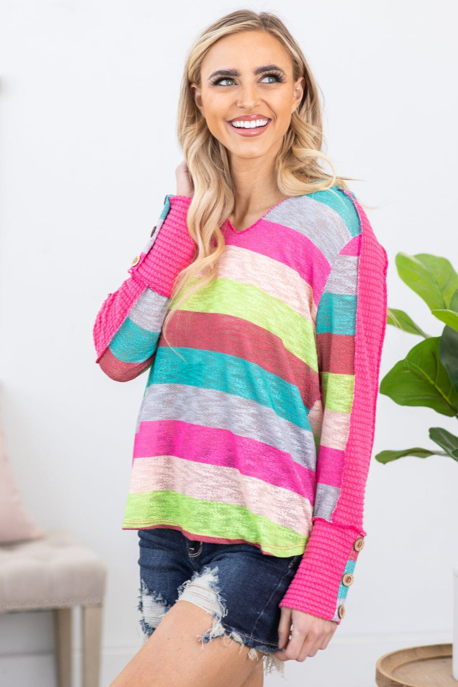 Turquoise Multicolor Stripe Hooded Top - Filly Flair