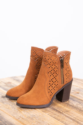 Camel Faux Suede Perforated Detail Bootie - Filly Flair