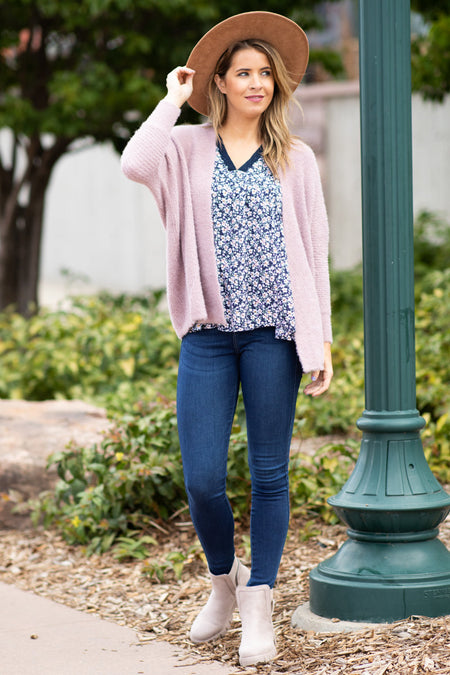 Mauve Eyelash Rib Knit Cardigan - Filly Flair