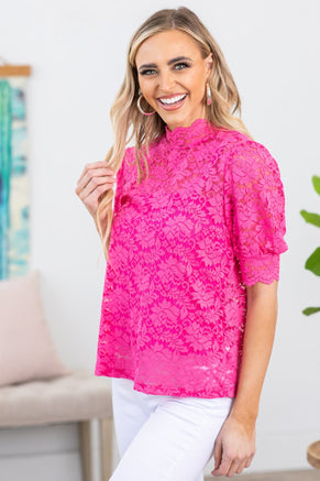 Hot Pink Lace Mock Neck Puff Sleeve Top - Filly Flair