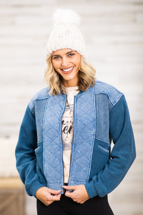 Navy Two Tone Wash Quilted Jacket - Filly Flair