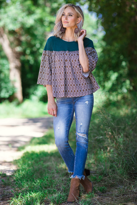 Emerald Green Boho Print Bell Sleeve Top - Filly Flair