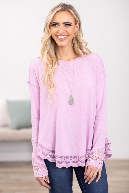 Lavender Lace Trim Drop Shoulder Top - Filly Flair