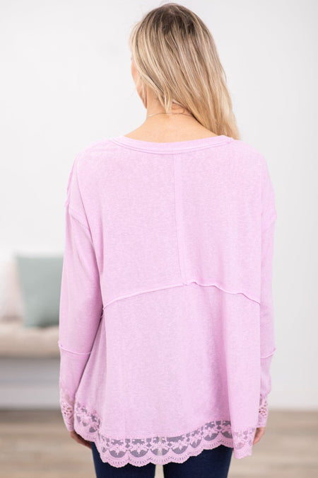 Lavender Lace Trim Drop Shoulder Top - Filly Flair