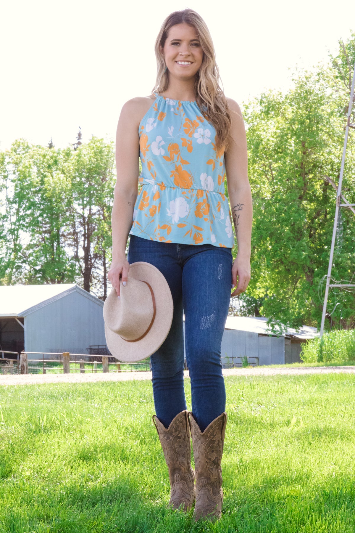 Turquoise and Orange Floral Print Ruffle Trim Tank - Filly Flair