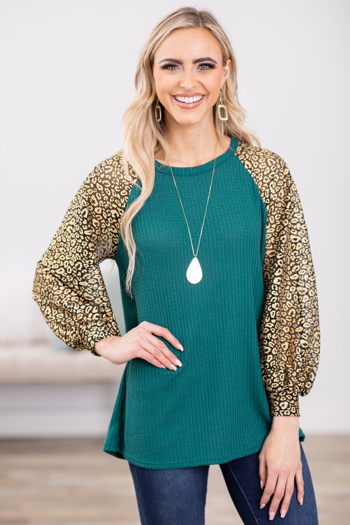 Emerald Green and Gold Animal Print Sleeve Top - Filly Flair