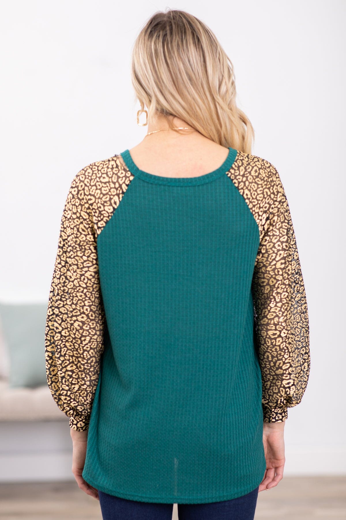 Emerald Green and Gold Animal Print Sleeve Top - Filly Flair