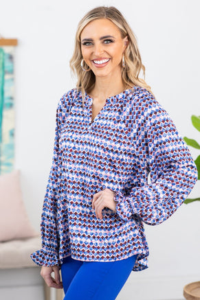 Blue and Berry Geometric Print Notch Neck Top - Filly Flair