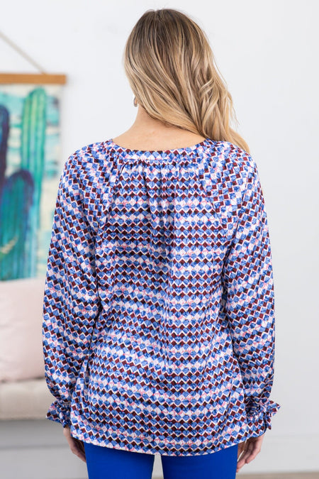 Blue and Berry Geometric Print Notch Neck Top - Filly Flair