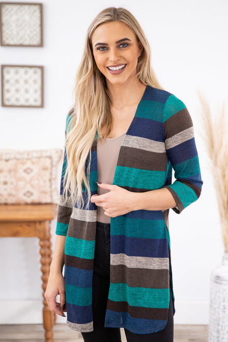 Navy and Teal Multicolor Stripe Cardigan - Filly Flair