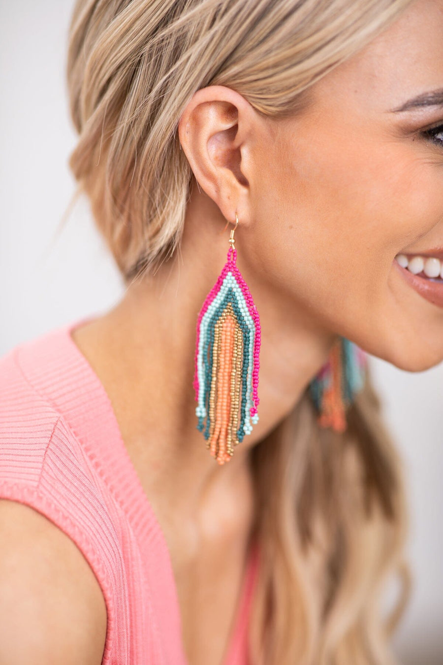 Fuchsia Multicolor Beaded Fringe Earrings - Filly Flair