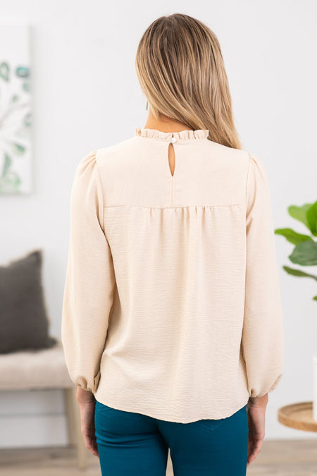 Beige Ruffle Trim Long Sleeve Top - Filly Flair