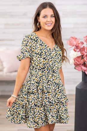 Black and Yellow Floral Tiered Skirt Dress - Filly Flair