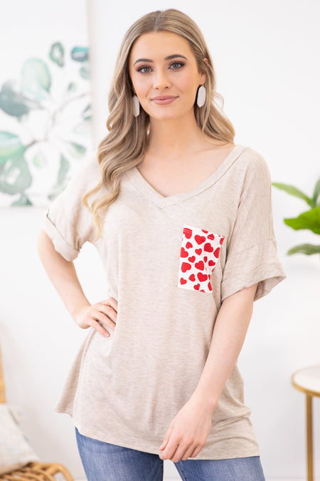 Oatmeal V-Neck Top with Heart Printed Pocket - Filly Flair