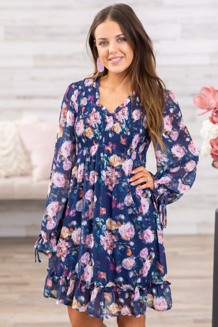 Navy and Pink Floral Long Sleeve Dress - Filly Flair