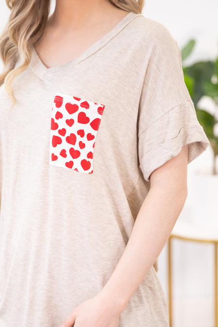 Oatmeal V-Neck Top with Heart Printed Pocket - Filly Flair