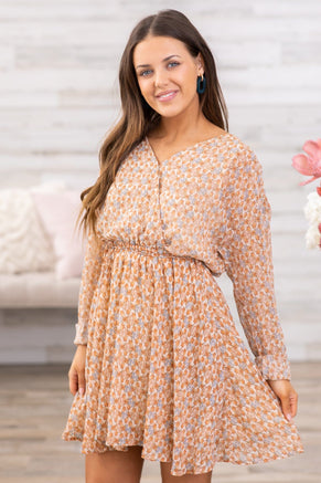 Tan Surplice Front Floral Long Sleeve Dress - Filly Flair