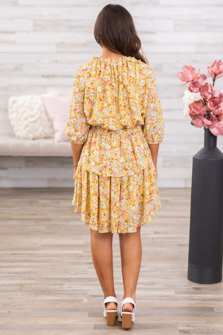 Mustard and Wine Floral Tiered Skirt Dress - Filly Flair