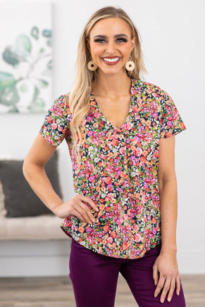 Pink and Peach Multicolor Floral V-Neck Top - Filly Flair