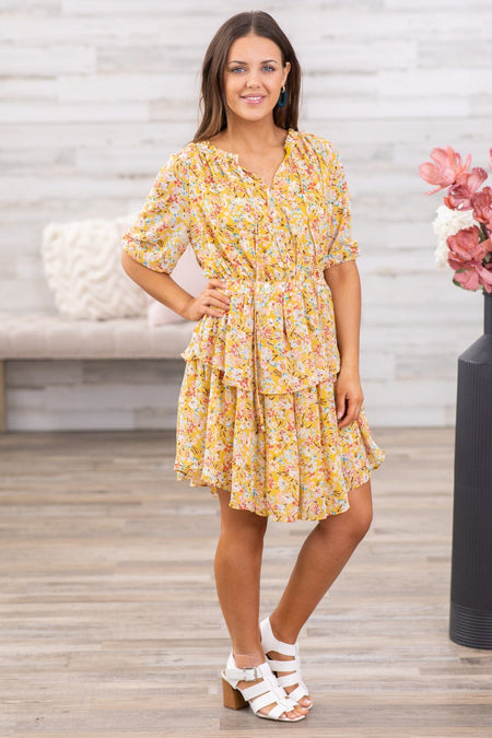 Mustard and Wine Floral Tiered Skirt Dress - Filly Flair