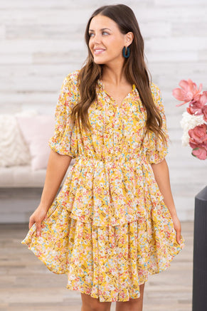 Mustard and Wine Floral Tiered Skirt Dress - Filly Flair