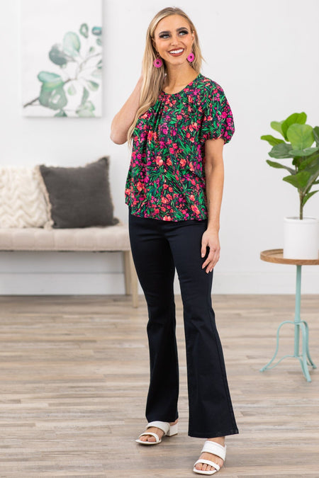 Fuchsia and Green Floral Print Top - Filly Flair