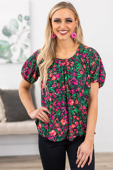 Fuchsia and Green Floral Print Top - Filly Flair